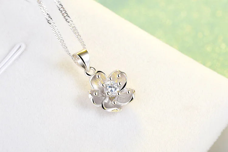 925 Sterling Silver Cherry Blossom Pendant Necklace-2