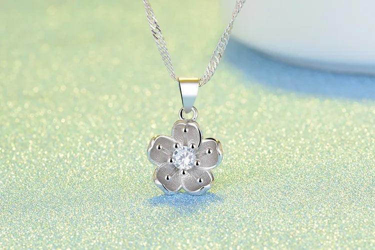 925 Sterling Silver Cherry Blossom Pendant Necklace-3